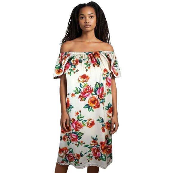 CHELSEA & VIOLET OFF THE SHOULDER CREAM PINK FLORAL DRESS SZ.XS EUC - Picture 1 of 9